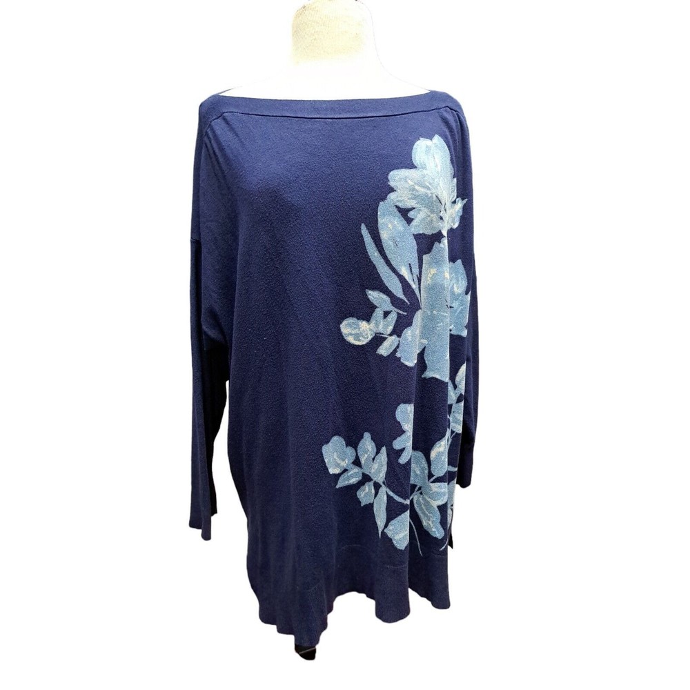 Roz & Ali Boatneck Knit Sweater Navy Blue Flower Pullover